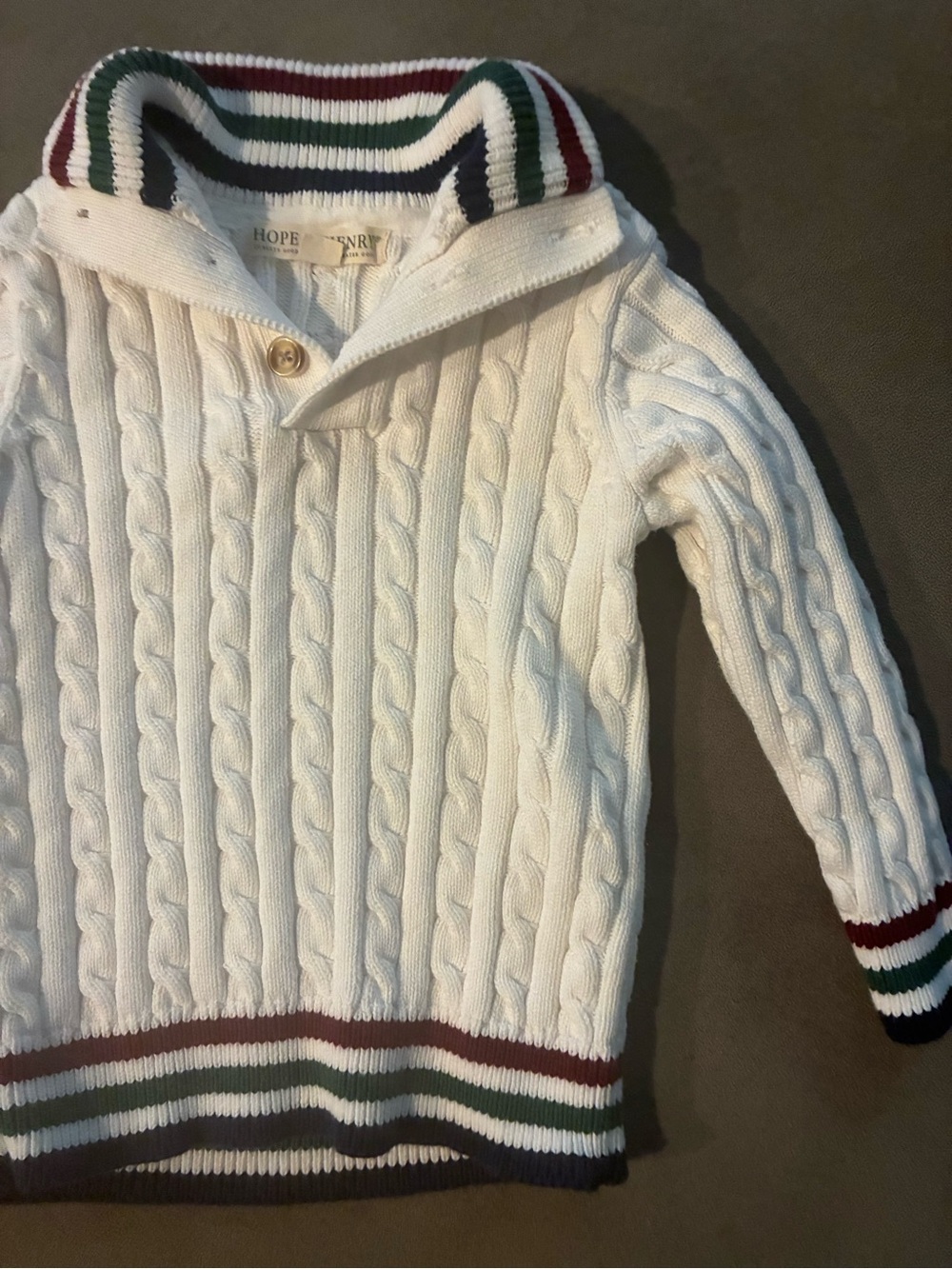 Hope & Henry Cream Cable-Knit Sweater with Striped Trim